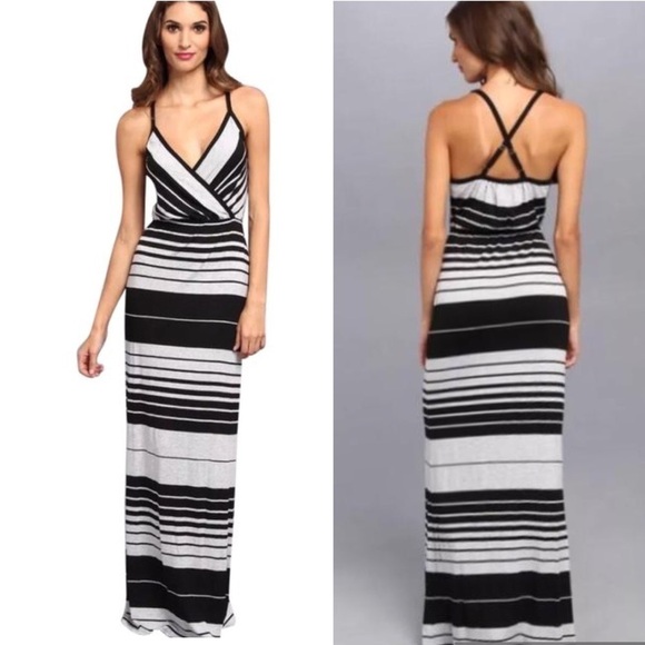 Michael Stars Delaney Surplice Casual Striped Maxi Dress Black Grey L - Picture 1 of 4